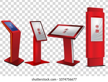 Four Red Promotional Interactive Information Kiosk, Advertising Display, Terminal Stand, Touch Screen Display isolated on transparent background. Mock Up Template.