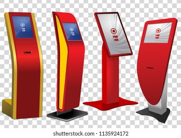Four Red Promotional Interactive Information Kiosk, Advertising Display, Terminal Stand, Touch Screen Display isolated on transparent background. Mock Up Template.