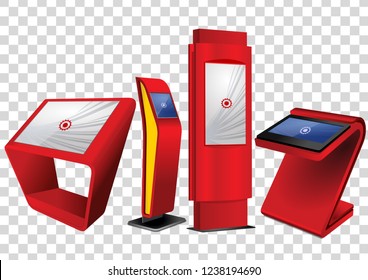 Four Red Promotional Interactive Information Kiosk, Advertising Display, Terminal Stand, Touch Screen Display isolated on transparent background. Mock Up Template.
