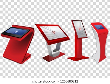 Four Red Promotional Interactive Information Kiosk, Advertising Display, Terminal Stand, Touch Screen Display isolated on transparent background. Mock Up Template.