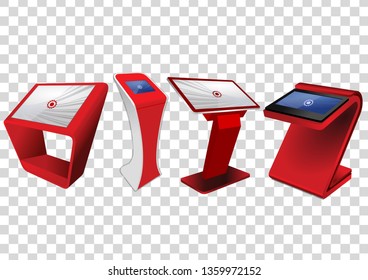 Four Red Promotional Interactive Information Kiosk, Advertising Display, Terminal Stand, Touch Screen Display isolated on transparent background. Mock Up Template.