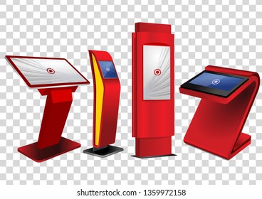 Four Red Promotional Interactive Information Kiosk, Advertising Display, Terminal Stand, Touch Screen Display isolated on transparent background. Mock Up Template.