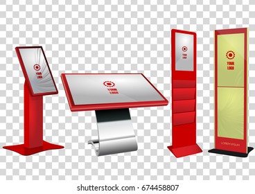Four Red Promotional Interactive Information Kiosk, Advertising Display, Terminal Stand, Touch Screen Display isolated on transparent background. Mock Up Template.