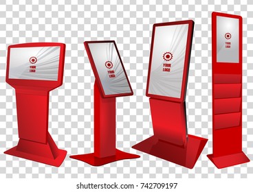 Four Red Promotional Interactive Information Kiosk, Advertising Display, Terminal Stand, Touch Screen Display isolated on transparent background. Mock Up Template.