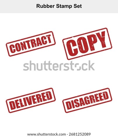 Four red rubber stamps on a white background, each bearing an action word Contract, Copy, Delivered, and Disagreed, showcasing a worn, grunge texture.