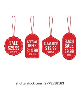 Four red sale tags with different pricing labels hanging by strings isolated on transparent background showing sale prices and discounts