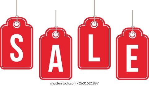 Four red sale tags with the word "SALE" displayed in large, white letters, hanging from thin gray strings against a plain white background.