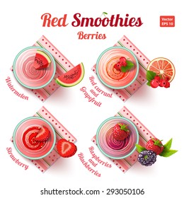 Four red smoothies with watermelon, red currant, grapefruit, strawberries, raspberries and blackberries on a white background. Vector.