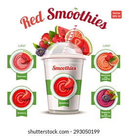 Four red smoothies with watermelon, red currant, grapefruit, strawberries, raspberries and blackberries on a white background. Labels. Vector.