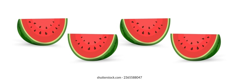 FOUR Red watermelons pieces with sliced. 4 Sliced cocktail water melon fruit vector sets, Fresh Watermelon organic fruits with fresh green open watermelons