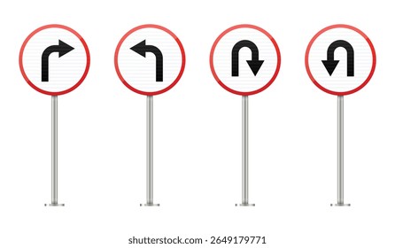 Four red and white circular signs depicting turn directions, including right, left, and two u-turn variations, displayed on silver poles against a white background.