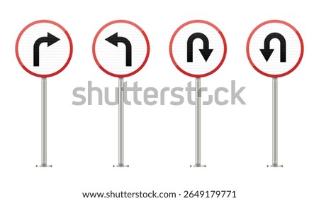 Four red and white circular signs depicting turn directions, including right, left, and two u-turn variations, displayed on silver poles against a white background.
