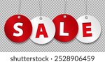 Four red white hanging price tags with bold letters spell out the word SALE. Discount labels, stickers, badges on a string, perfect for promoting Black Friday deals and other shopping special offers.