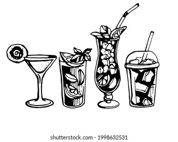 Four refreshing cocktails with ice, vector