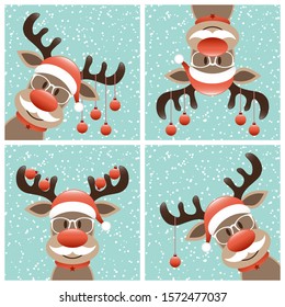 Four Reindeers With Beard And Glasses Christmas Baubles Winter Snow Turquoise