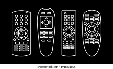 Four remote controls. Technology communication switch button. Program device. Wireless keyboard. Isolated flat illustration on black background. White contour line. Universal electronic controller.
