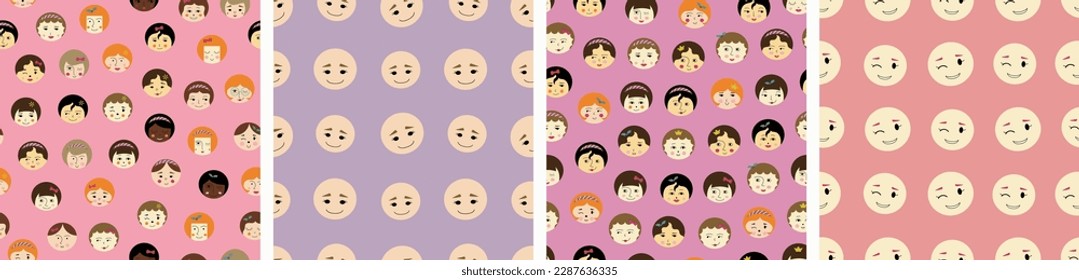 Four repeatable patterns, comely girlish faces. Multipurpose endless print, feminine countenance, abstract colorful background design
