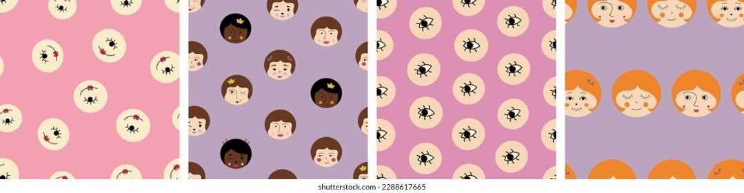 Four repeatable patterns, comely girlish faces. Simple design for branding, fabric, girl guise, various endless backgrounds
