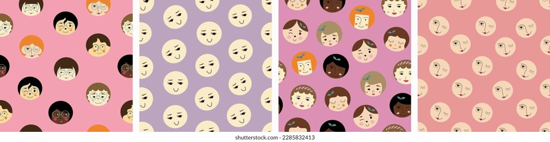 Four repeatable patterns, handsome girlish faces. Endless background, women countenance, colorful vector simple elements
