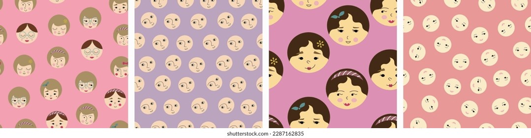 Four repeatable patterns, nice girlish faces. Various endless backgrounds, feminine visage, simple design for branding, fabric
