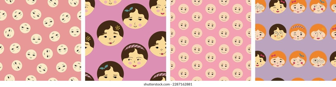 Four repeating patterns, attractive girlish faces. Diverse endless backdrops, woman image, surface design with simple shapes
