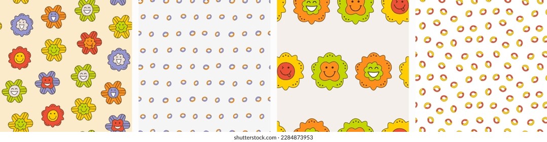 Four repeating patterns, happy flowers. Decorative endless texture, children game concept, bright colorful composition
