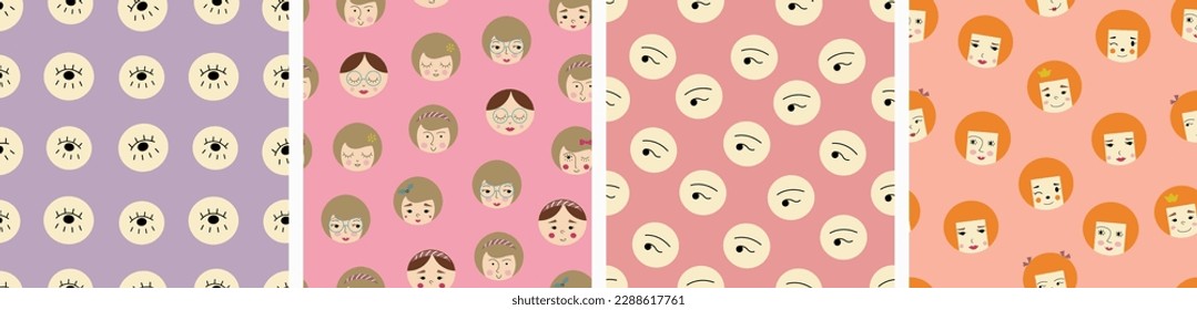 Four repeating patterns, pretty girlish faces. Surface design with simple shapes, woman countenance, diverse endless backdrops
