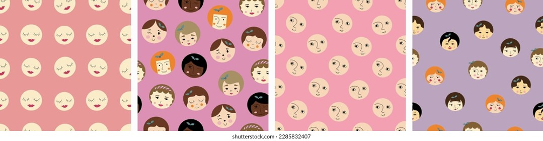 Four repeating patterns, sweet girlish faces. Endless backdrop, feminine countenance, simple cute shapes, flat vector
