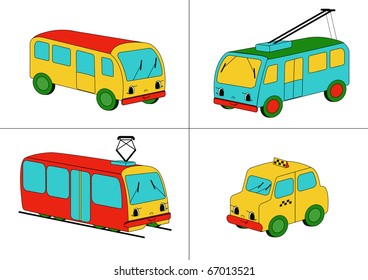 Four representatives of public conveyances - bus, trolleybus, tram and taxi - drawn in child style with faces.