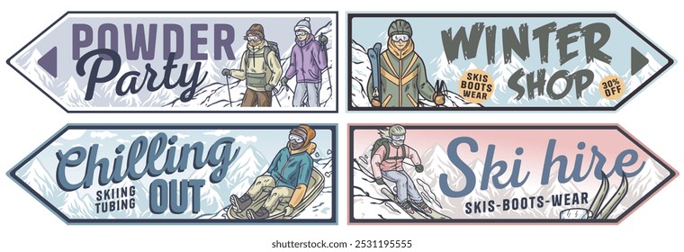 Four retro arrow signs pointing to different winter activities like ski hire, snowboarding, tubing, and shops. Winter poster or sign for sport