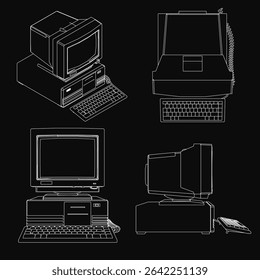 Four retro computers in vibrant white color stand out against a black background. Each has a unique design, arranged neatly in a row with distinct shapes and sizes.