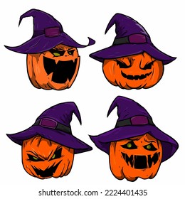 four retro halloween pumpkin expression illustration