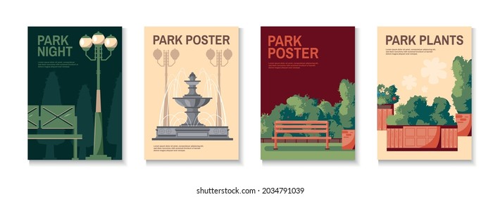 Four retro park posters set with traditional elements day night lanterns topiary bushes planters fountain vector illustration