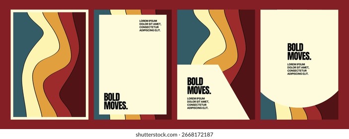 Four retro posters with wavy lines and bold moves text in a vintage color palette design style