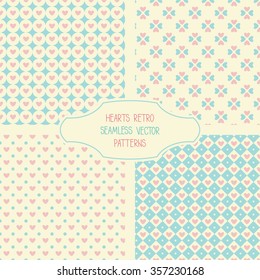 Four retro seamless vector hearts patterns. Can be used in web design, printed on fabric/paper, as a background, or as an element in a composition