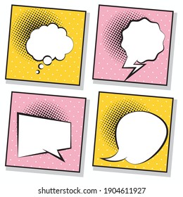vier Retro-Sprachblasen, die Popart-Stil auf rosafarbenem und gelbem Hintergrund gezeichnet haben Vektorgrafik-Design