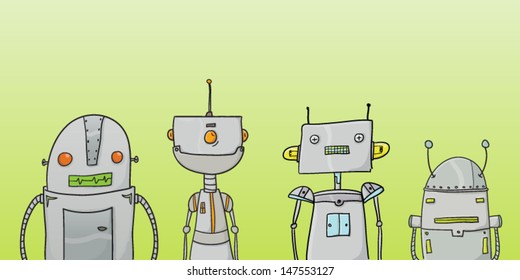 Four retro stylized robots of different shapes and sizes