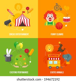 Four retro travel circus funny clown entertainment performance with exotic animals icons composition concept flat vector illustration