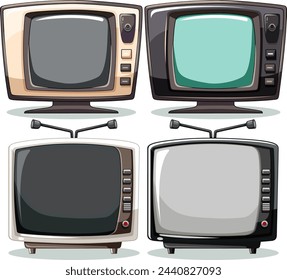 Four retro TVs with different screen colors.