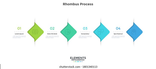 Four rhombus elements placed in horizontal row. Concept of 4 successive steps of business development progress. Modern infographic design template. Simple flat vector illustration for presentation.