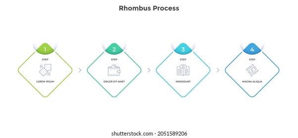Four rhombus elements placed in horizontal row. Concept of 4 successive steps of startup project progress. Modern flat infographic design template. Simple vector illustration for business analysis.