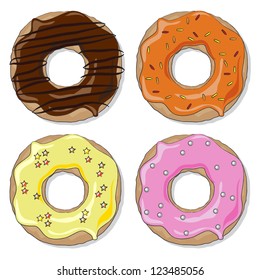 Four ring donuts over white background,  with a variety of flavours and toppings. EPS10 vector format