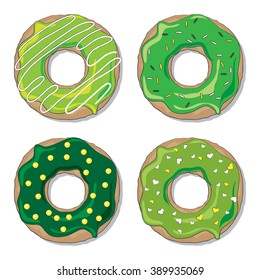 Four ring donuts over white background,  decorated for St Patrick's Day. EPS10 vector format
