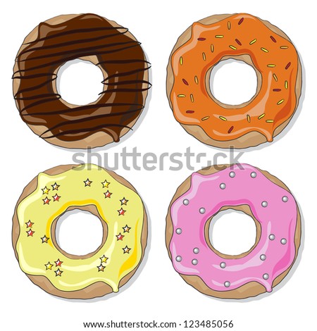 Four ring donuts over white background,  with a variety of flavours and toppings. EPS10 vector format