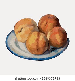 Four ripe peaches on a blue-rimmed plate. Peaches with a warm, fuzzy texture. Fresh peaches arranged in a simple, artistic style on a plate. Vintage fruit illustration vector.