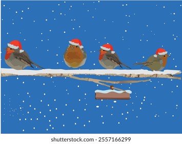 Four robins wearing santa hats are perched on a snowy branch with a snowy bird feeder hanging below, creating a charming winter festive scene