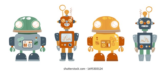 Four Robot cololred Set. Vector children's illustration.