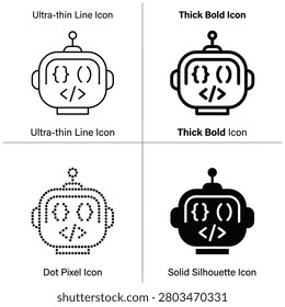 Four robot face icons in ultrathin line thick bold dot pixel and solid silhouette styles