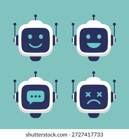 Cuatro iconos de robot que muestran varias emociones: feliz, triste, neutral y comunicante.
