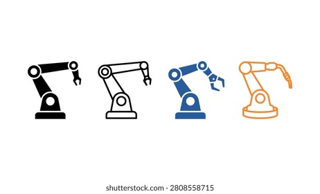 Four robotic arms in different colors on white background